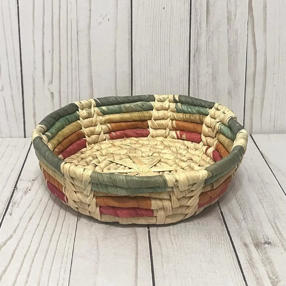 Vintage Handwoven Boho Colorful Straw Corn Husk Basket Rustic Farmhouse Decor